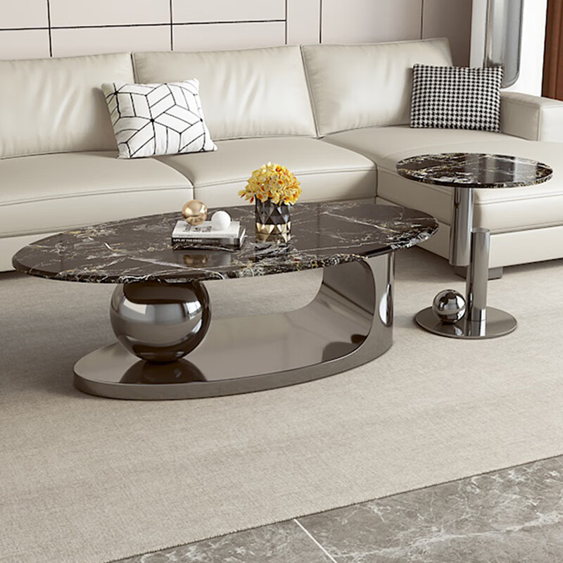 百睦优品 意式极简茶几 客厅简约现代轻奢天然微晶石椭圆茶几创意茶桌 微晶石-黑色 茶几+边几 整装