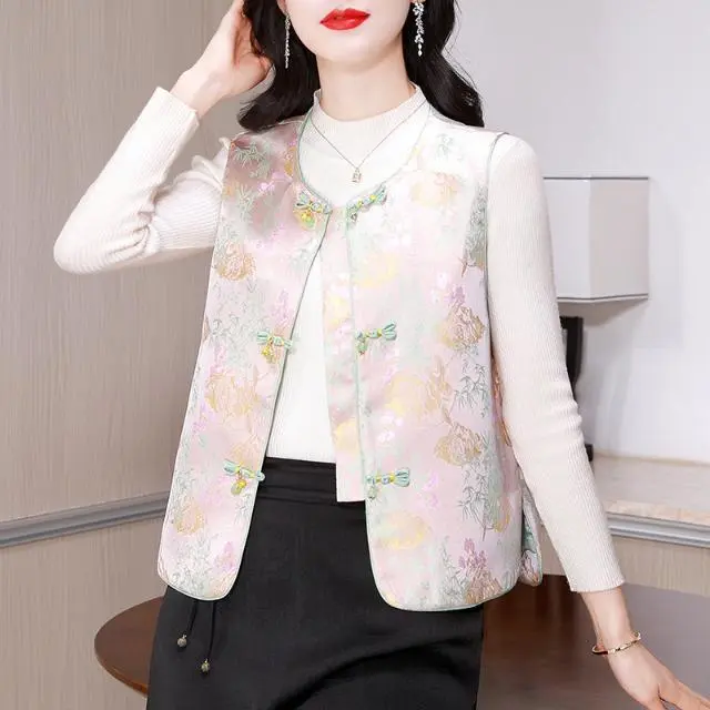 啄木鸟（TUCANO）新款唐装马甲女短款国潮复古中国风刺绣显瘦坎肩无袖马夹外套 杏色 L 100-110斤