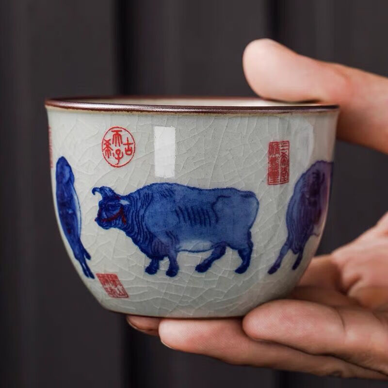 hywlkj景德镇仿古青花五牛图缸杯大号主人杯陶瓷功夫茶单杯男女士品茗