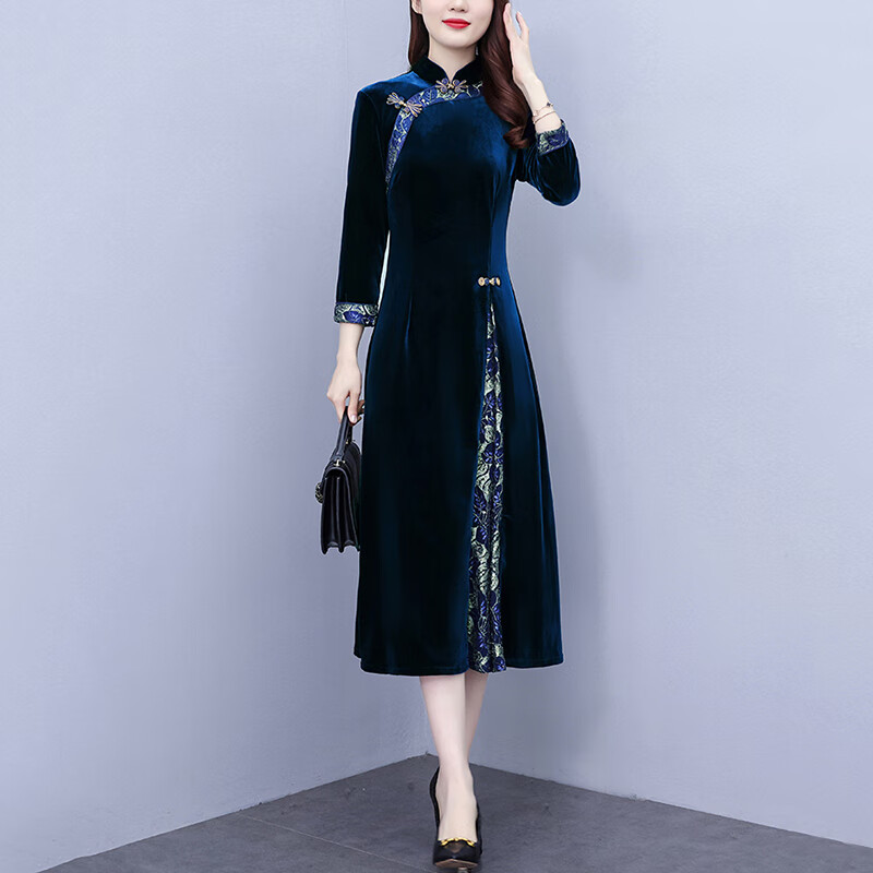感小个子长裙春秋中年女士改良旗袍裙子 蓝色 奢华大牌女人味气质显瘦