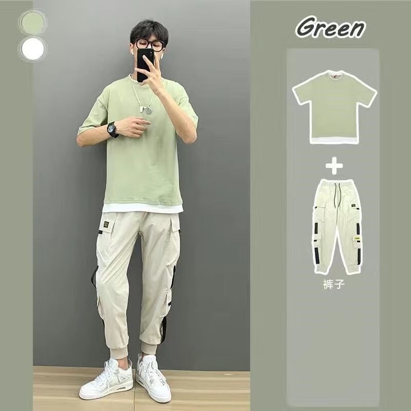 歌鹏高中生男装2024年帅气新款套装夏季小红书搭配ins超火休闲假两件