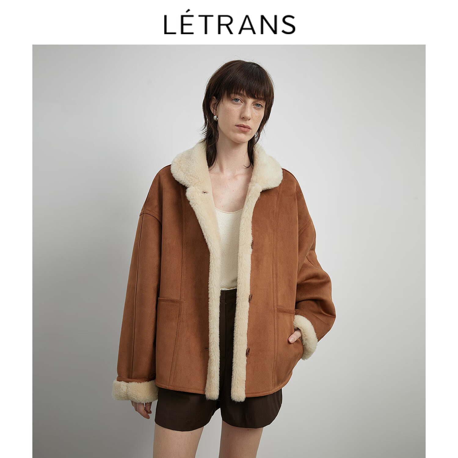 LETRANS元一復(fù)古翻領(lǐng)羊剪絨外套女短款皮草仿皮毛一體寬松大衣 蔥粒毛杏灰色板 M