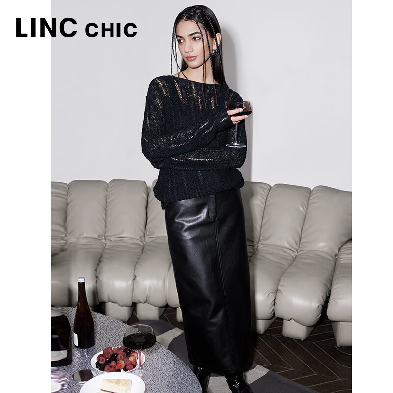 金羽杰薄透镂空长袖针织衫女短款春秋季新品圆领打底小衫上衣S241SW320Y 莱赛尔黑 M 适合110斤以下