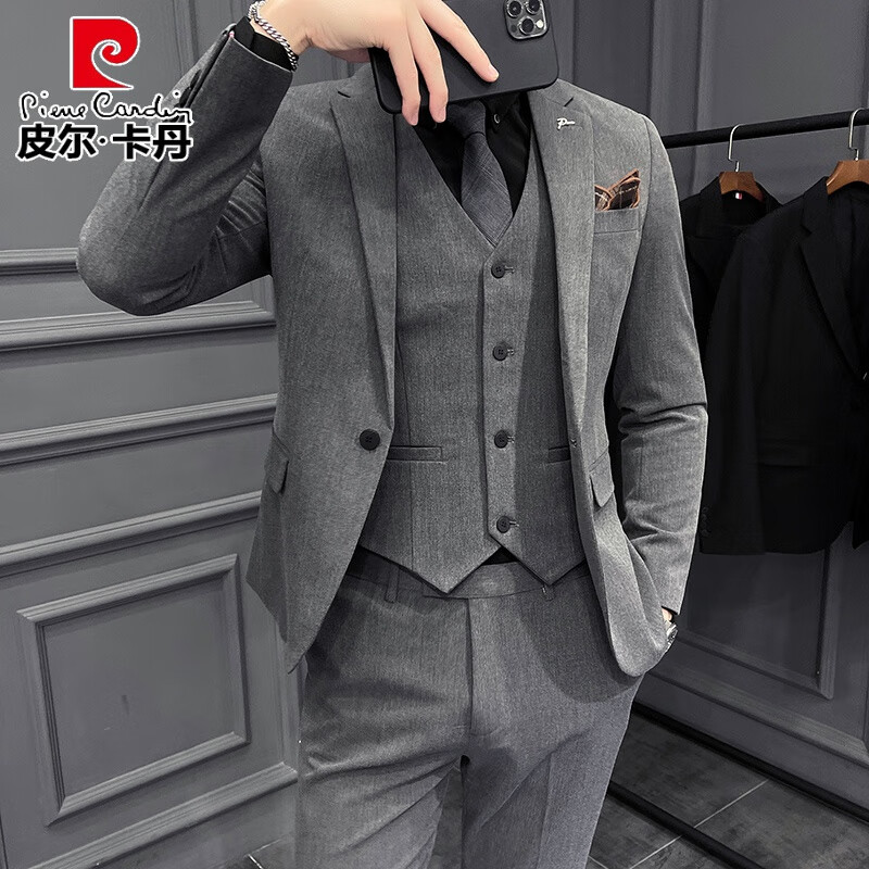 皮尔卡丹（pierre cardin）西服套装男士韩版修身痞帅商务职业正装通勤休闲潮流西装三件套男 黑色(西服+马甲+西裤)衬衫领带 S