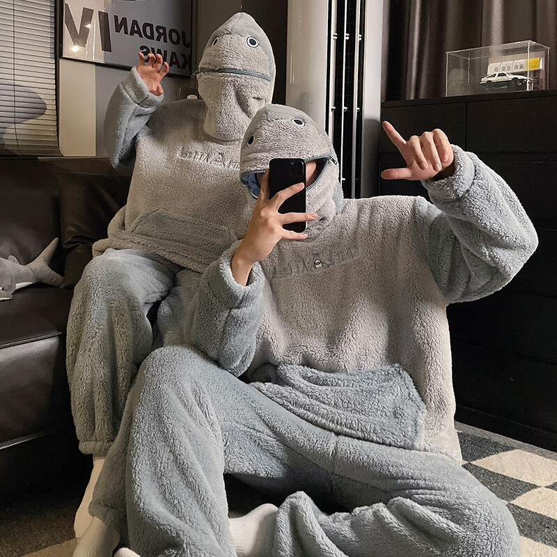 kulla自闭鲨鱼情侣睡衣女珊瑚绒秋冬季加厚搞怪保暖连帽男士家居服