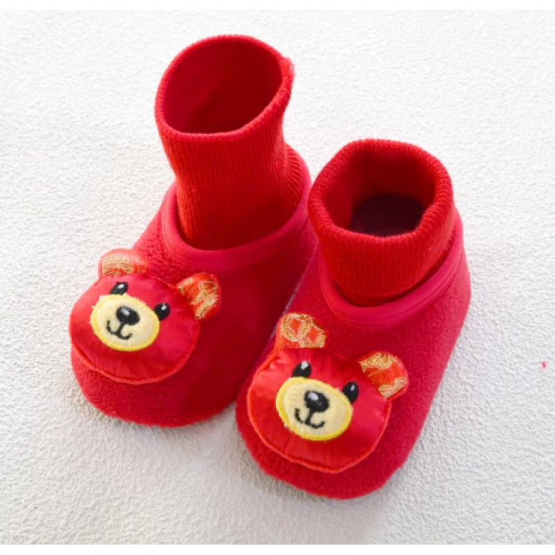 贝肽斯红色婴儿鞋袜秋冬款宝宝新生儿新年周岁加厚防滑棉学步鞋S 小熊 120mm 脚长10.5-11cm