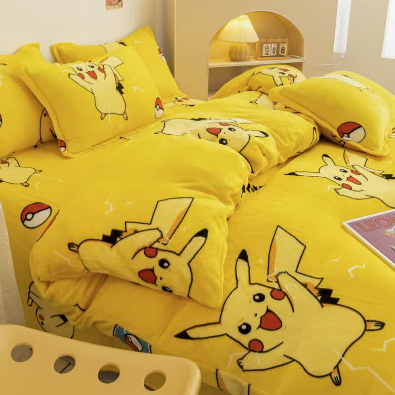 睿爸卡通皮卡丘被套牛奶绒冬季加绒床单法兰绒珊瑚绒床上 皮卡丘双面
