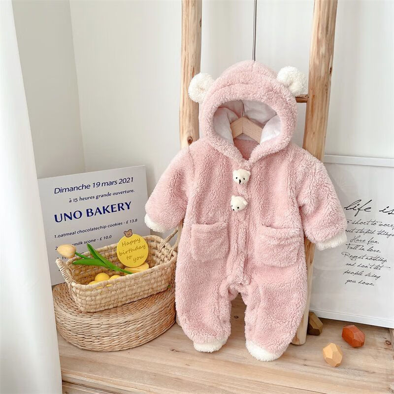 粉色毛毛熊加绒连体衣 66 码