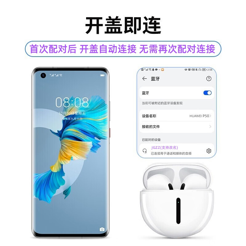 京工智造 蓝牙耳机真无线通话降噪半入耳式运动跑步适用华为p60p50p40mate60/pro/nova11/10/9苹果安卓手机 【苹果鸿蒙安卓通用】白色 【智能降噪】游戏吃鸡王者无延迟