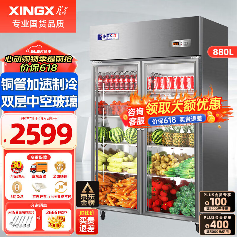 星星（XINGX）展示柜冷藏保鲜柜双开门立式冰柜 冰箱商用大容量饭店食堂厨房点菜蔬菜水果 双门铜管冷藏保鲜柜880升 BC-980Y