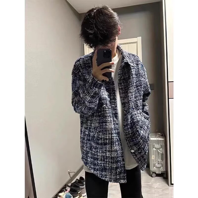 迪伽达春秋季外套男装时尚设计感小香风编织夹克男美式复古格子长袖上衣 W1042蓝色 L 【100-120斤】