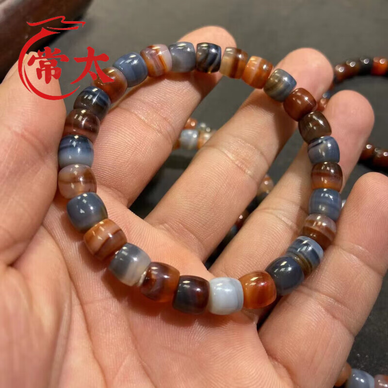 常太 缠丝蓝沁玛瑙直切桶珠手串单圈 男女款文玩手链手工直切极限弧