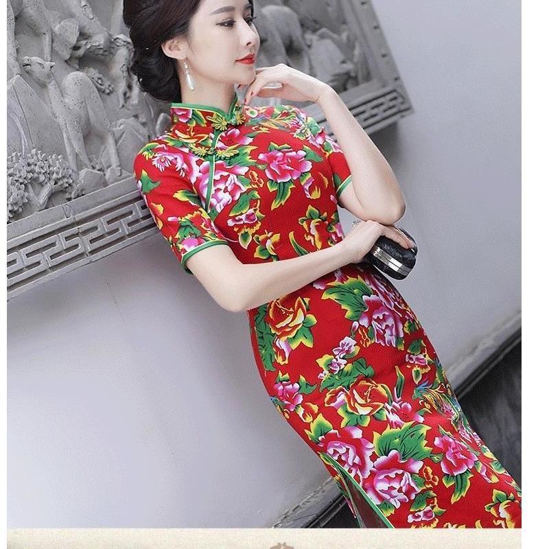 po东北大花棉袄女加厚2023新款改良演出长款复古布修身走秀优雅红绿