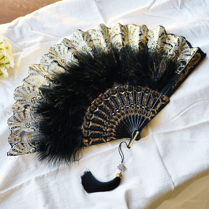 羽毛扇旗袍女走秀折扇汉服新年黑色蕾丝扇子舞蹈扇复古 黑色蕾丝羽毛