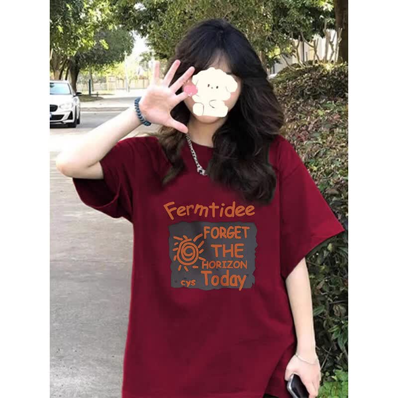 莉纱芙特2026年春夏季新款潮流半短袖t恤女士装宽松洋气内搭打底衫上衣服 酒红色 M (建议:90-110斤)