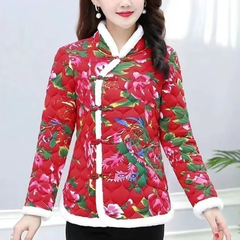 vjze东北花棉袄女花棉袄冬季新款民族风棉衣外套保暖棉服盘扣中国风妈