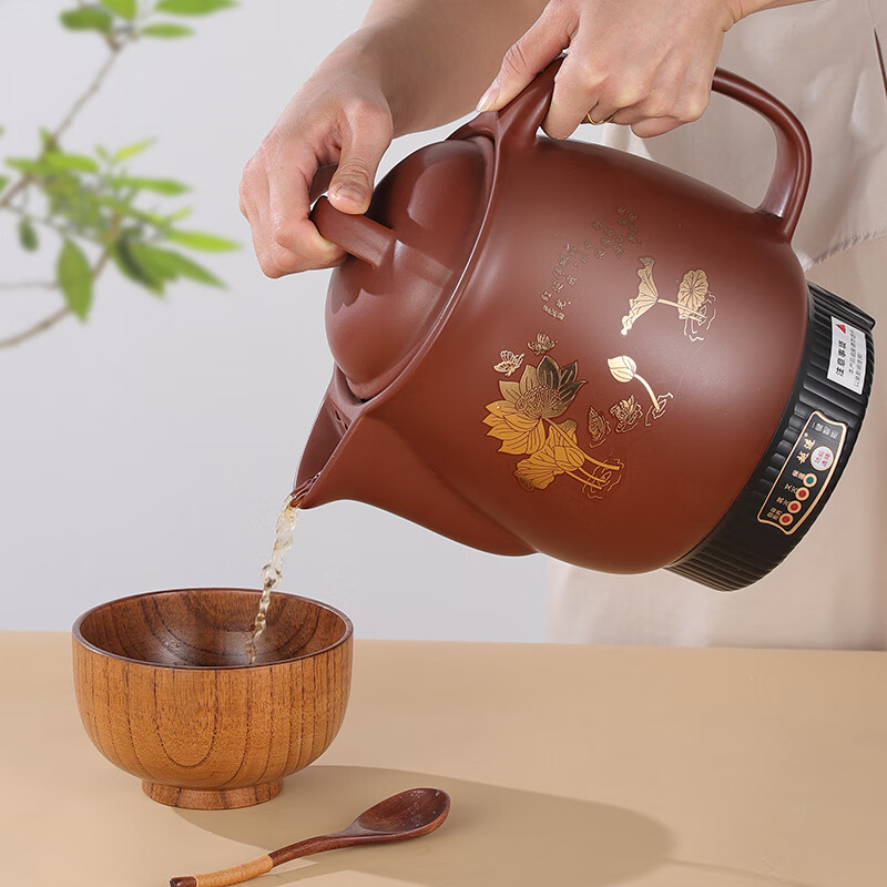 越进中药锅煎药壶全自动紫砂中药煎药壶家用熬药砂锅熬中药电煎中医插电药罐煲机煮神器熬中药砂锅 #棕色荷花/一键智能煎完鸣音保温+陶瓷发热体 8L