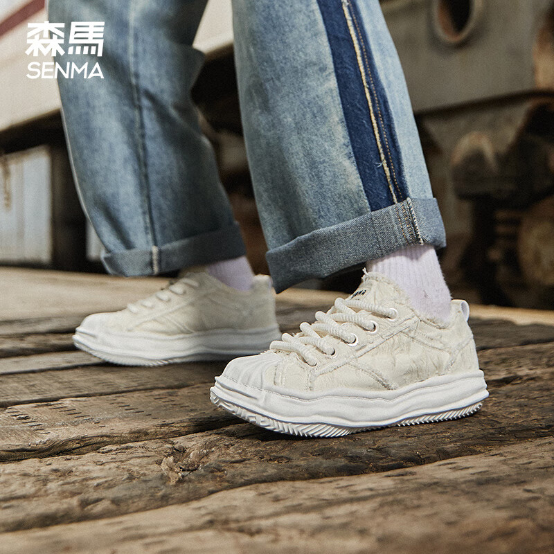 森馬情侣鞋男女同款运动帆布鞋厚底溶解鞋新款低帮贝壳头小白鞋女 米色 40