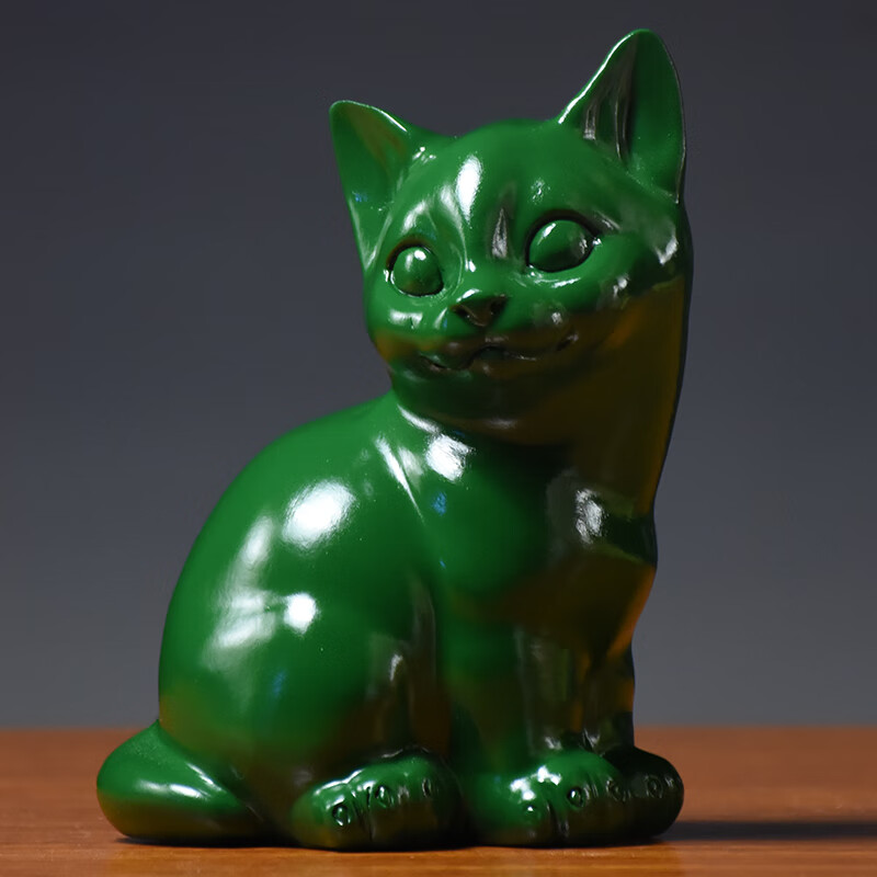 之柠绿色实木质猫咪雕刻摆件动物木头小猫家居客厅房屋补角装饰工艺品