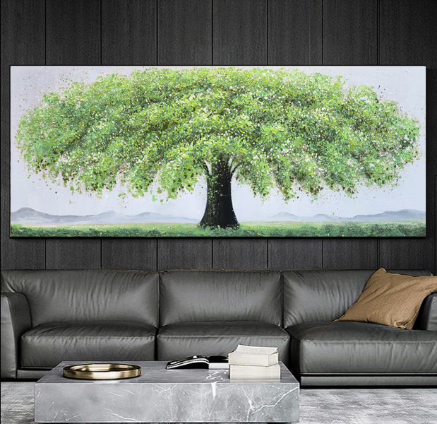 艺幻纯手绘客厅横版挂画沙发背景墙装饰画壁画简约现代发财树油画黄色