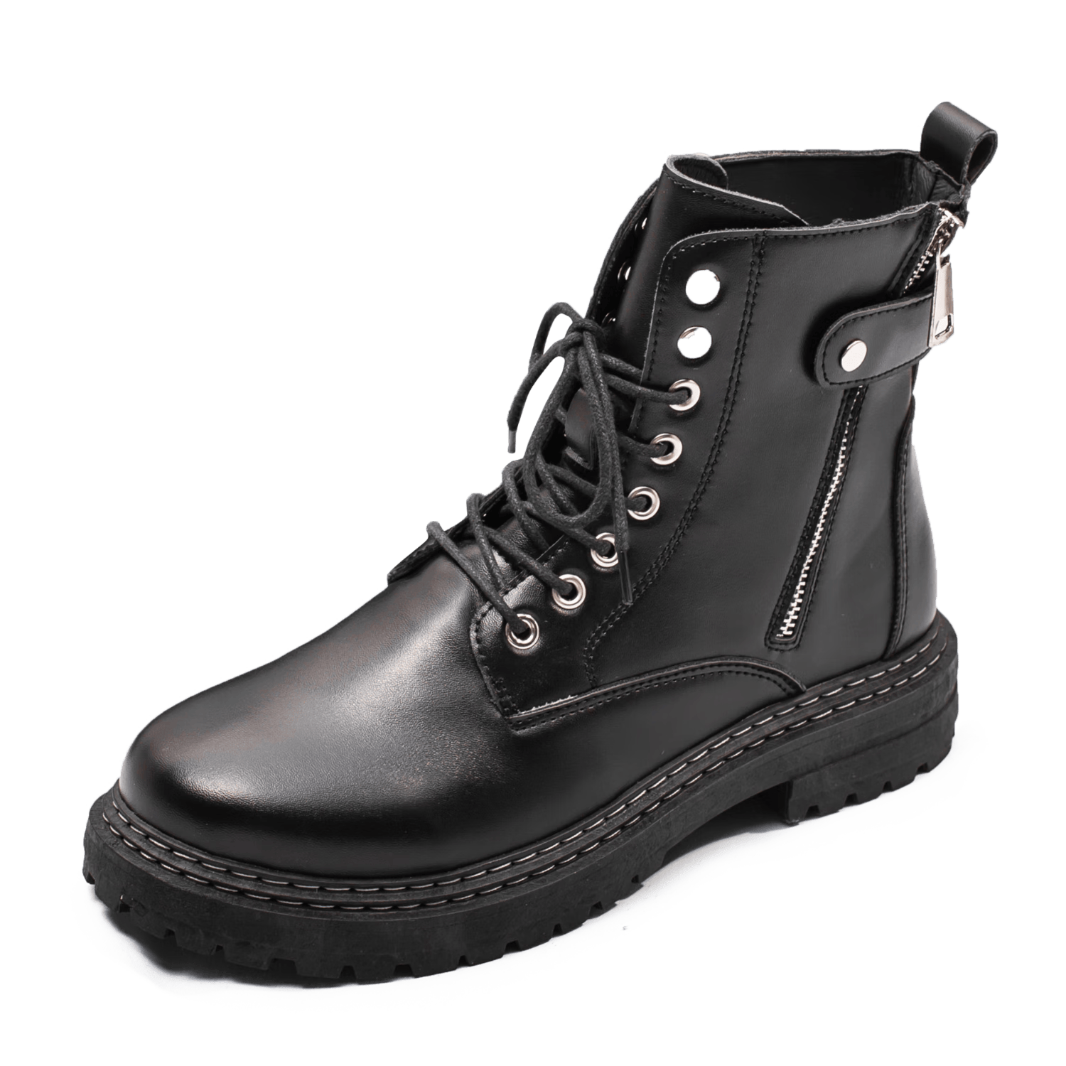 高帮系带英伦风马丁靴户外休闲时尚黑色皮靴百搭男士拉链款机车靴 黑