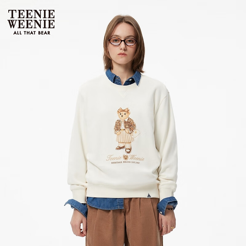 Teenie Weenie小熊女装时尚卫衣秋季简约印花圆领套头衫休闲风上衣 象牙白 M (165)