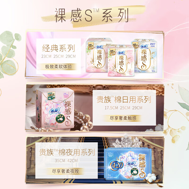 苏菲卫生巾日用夜用组合柔棉舒适棉柔亲肤瞬吸透气姨妈巾 裸感S贵族棉250mm48片