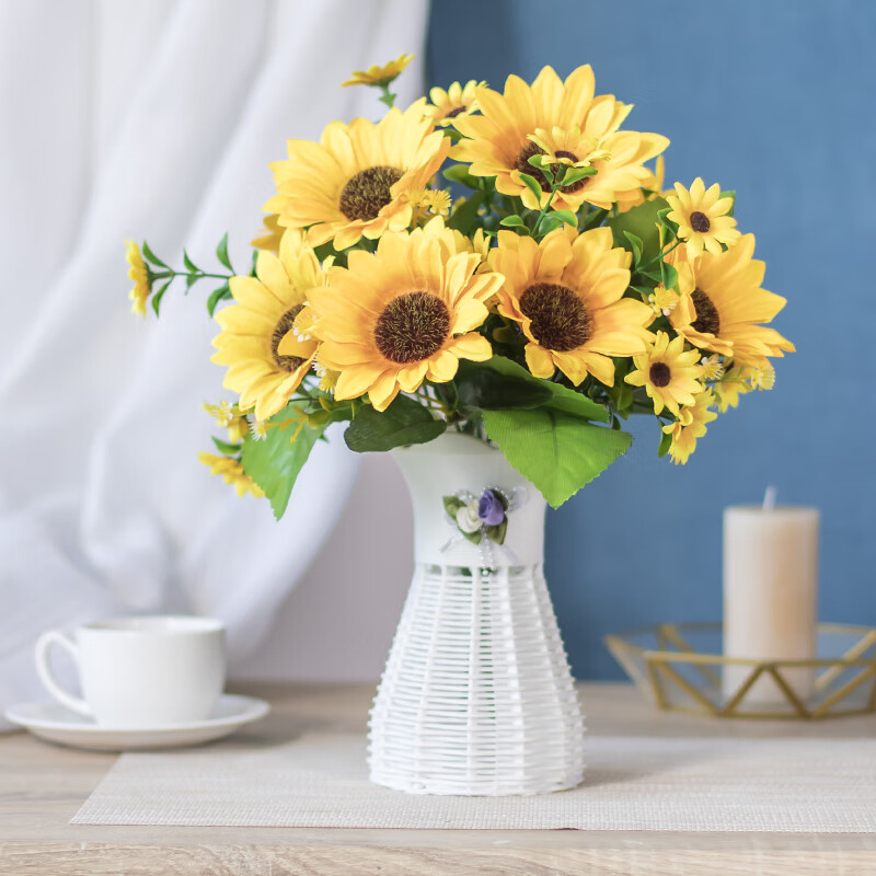 上面的摆花 客厅仿真假花装饰 仿胶花塑料编 乳白色 2大向日葵 编框