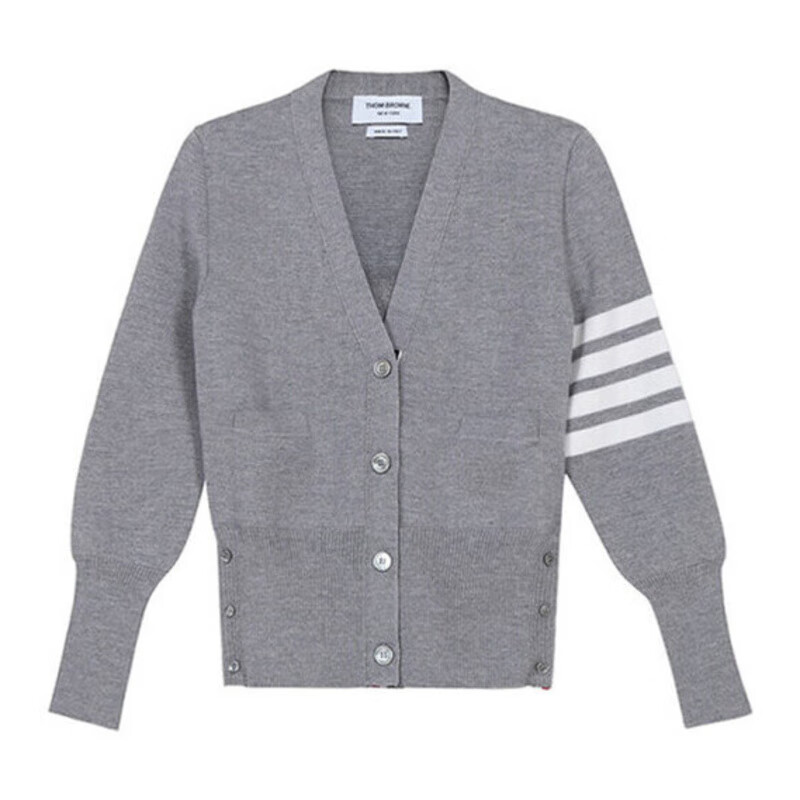 THOM BROWNE 汤姆·布朗 女士羊毛条纹V领针织开衫 灰色 FKC207A 00014 055 S 40