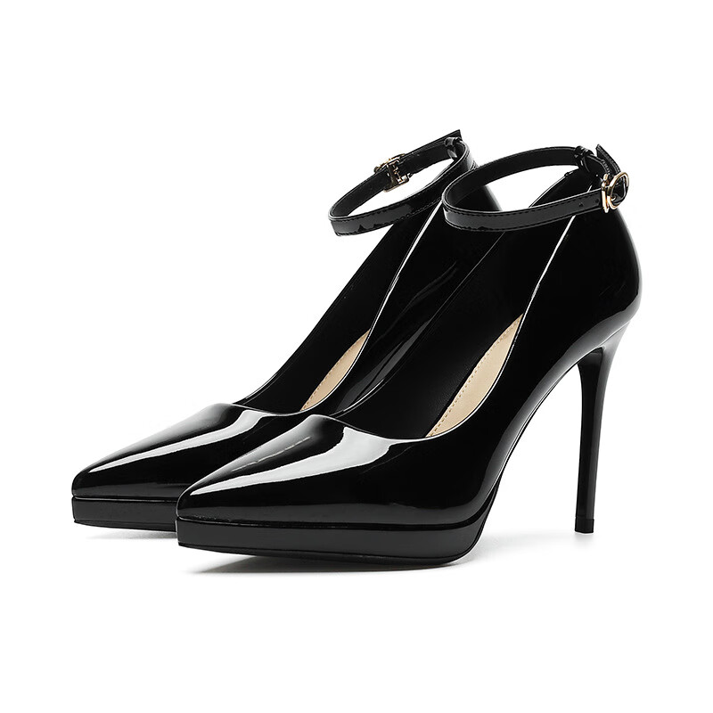 5cm高跟单鞋尖头细跟防水台浅口一字带扣高跟鞋 黑色 34