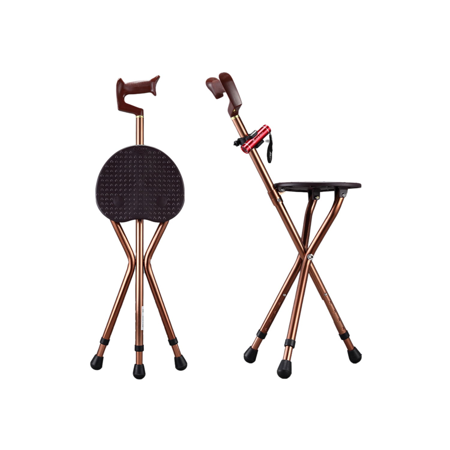 德國HOEA老人拐杖座椅拐杖凳子兩用多功能四腳椅拐棍帶凳醫用骨折輕便防滑手杖可坐攜帶座椅帶燈輕巧拐杖 8105咖色工字握把高度可調(帶凳腳墊座套)