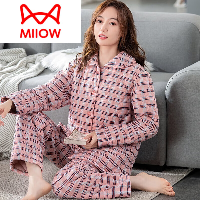 猫人（MiiOW）纯棉夹棉睡衣女冬季加厚三层保暖棉袄秋冬款大码中年家居服舒适 YD-1851 XL