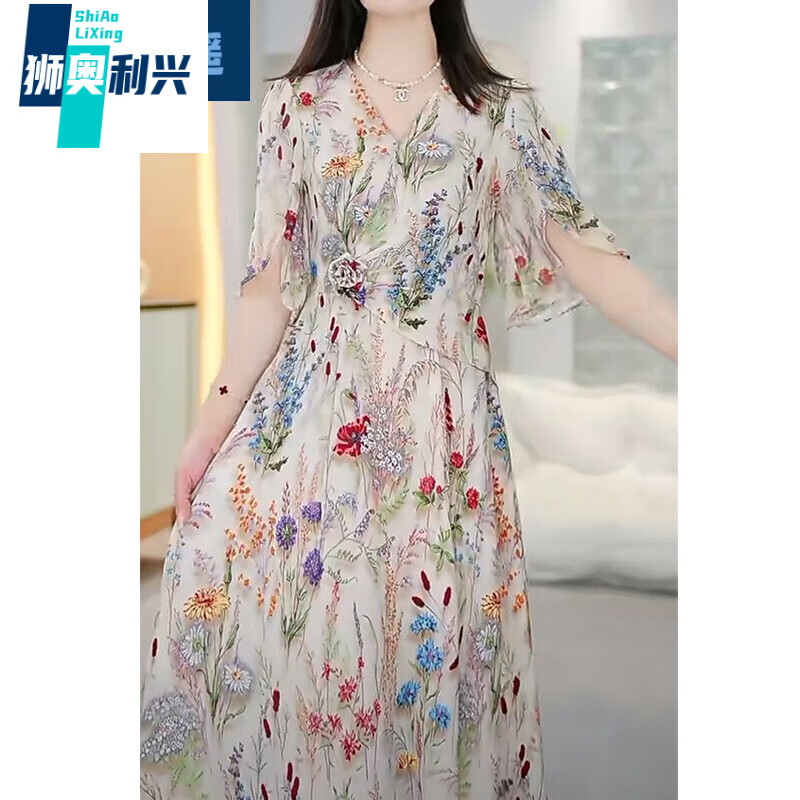 狮奥利兴艾瑞丝女装v领荷叶袖收腰显瘦连衣裙子女士夏季新款中长遮肚