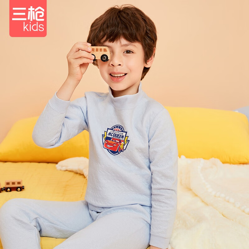 暖棉秋中领a类女孩夹棉保暖学生男家居半高领上衣裤内衣套装 香芋蓝