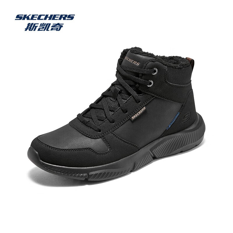 斯凯奇（Skechers）秋季新款男士绑带高帮鞋舒适保暖加绒柔软舒适鞋子 全黑色/BBK 42