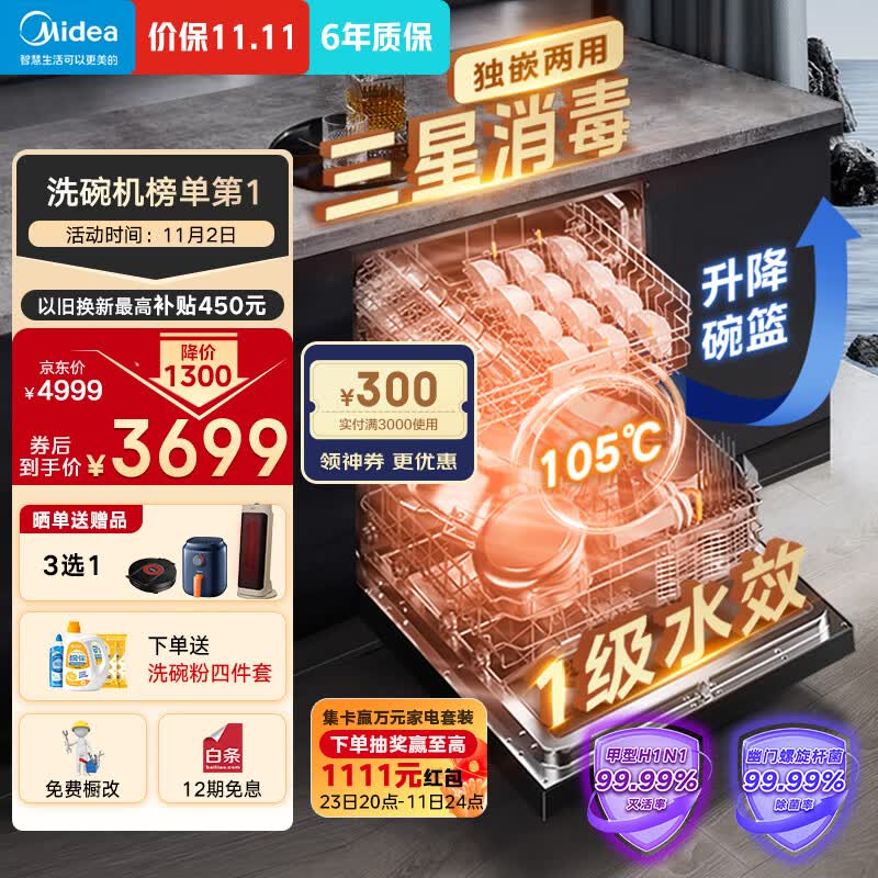 美的（Midea）14套嵌入式洗碗机 RX600Pro 升级105℃热风烘干+升降碗篮 一级水效 三星消毒 分层洗 独立式两用怎么样,好用不?