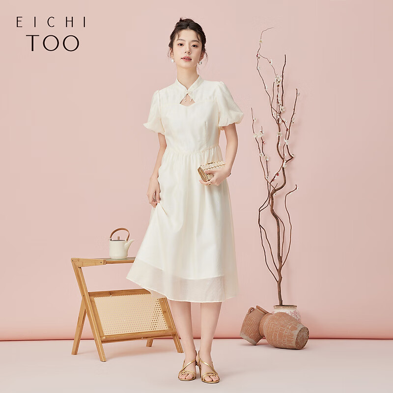 爱居兔2024年夏季新款新中式立领旗袍式短袖连衣裙EQLBJ2P028A 米白30 170/92A/XL