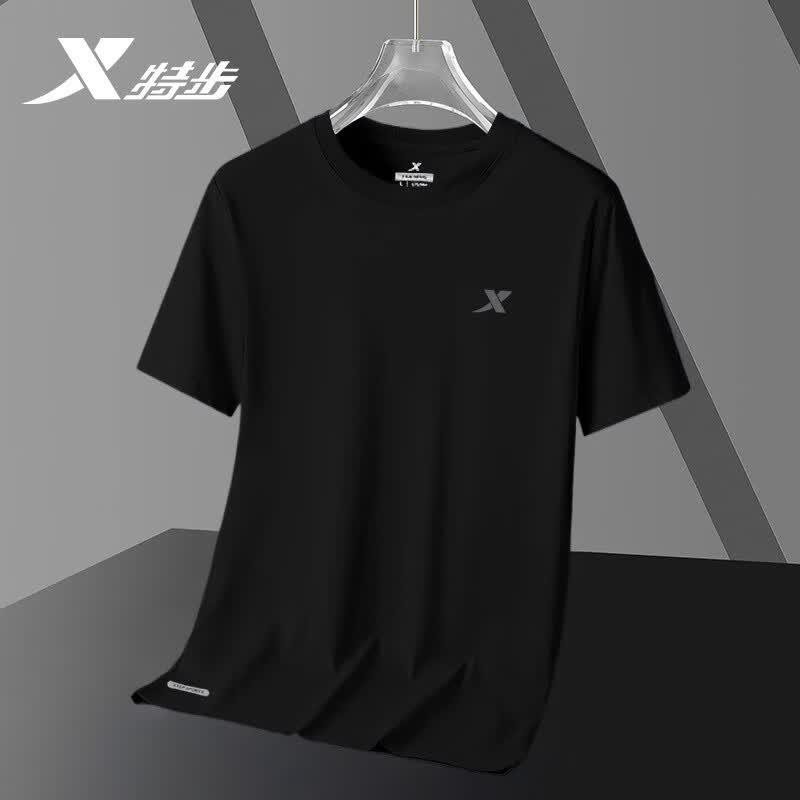 特步（XTEP）运动短袖t恤男速干衣夏季新款冰丝健身上衣宽松休闲薄款跑步半袖 正黑色-冰丝速干款 L 175