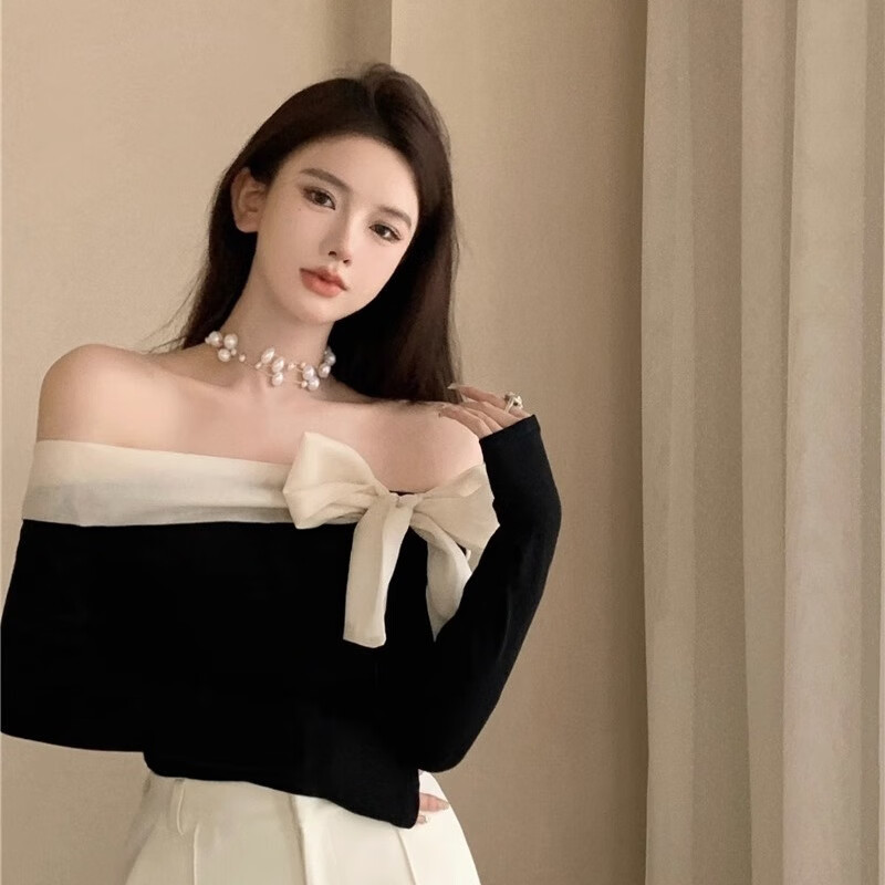 vjwk露肩一字肩上衣女生秋天露肩膀衣服一字肩蝴蝶结长袖t恤女春秋修