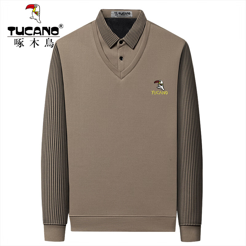 啄木鸟（TUCANO）加绒长袖T恤男士加厚假两件衬衫领男上衣冬季新款中年保暖打底衫 哈青 4XL (190) (推荐180-200斤)