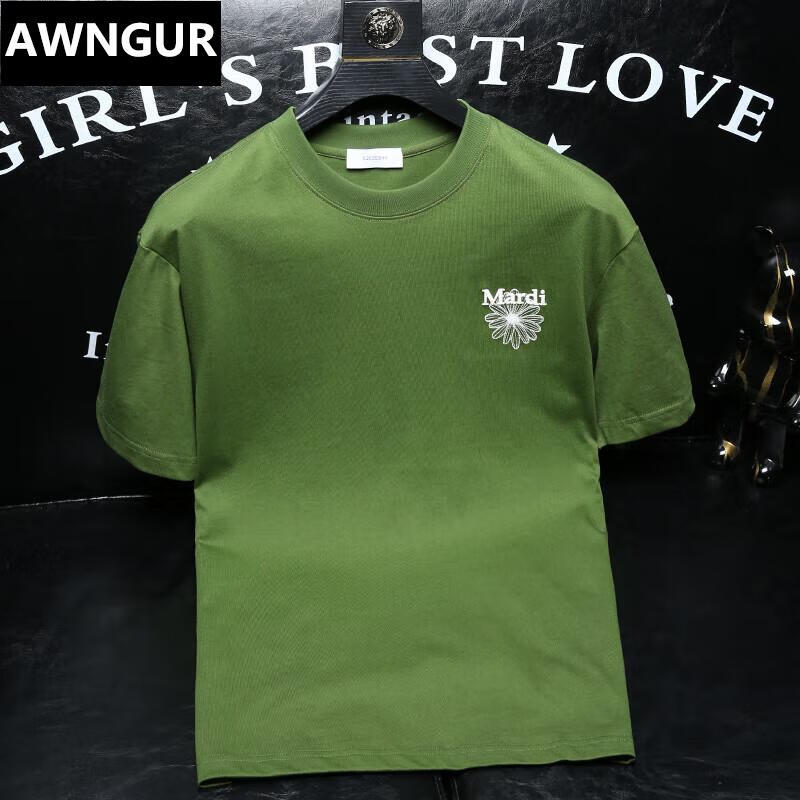 潮牌美式休闲短袖t恤男士夏季修身个性青年字母半袖体恤衫男 绿色m