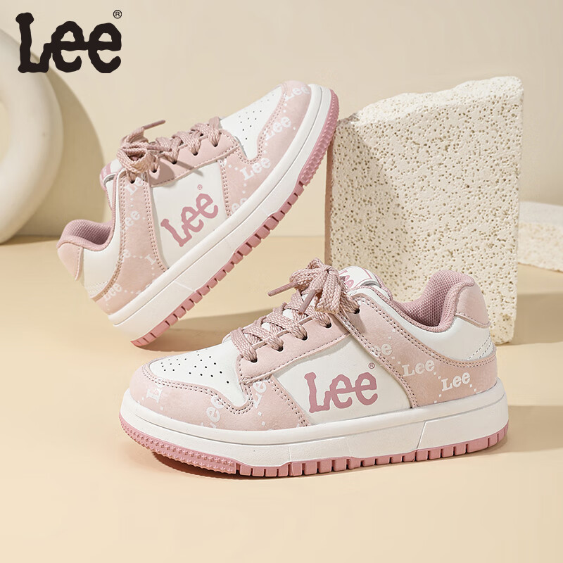 Lee儿童运动鞋春季新款透气百搭低帮板鞋魔术贴男女童鞋儿童休闲鞋 米白粉 29 【建议脚长178mm】
