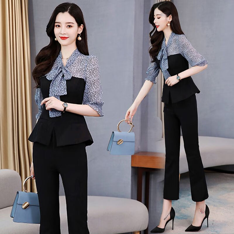 高腰修身显瘦微喇裤单件/套装 大码女装套装女春 兰色 上衣 裤子套装