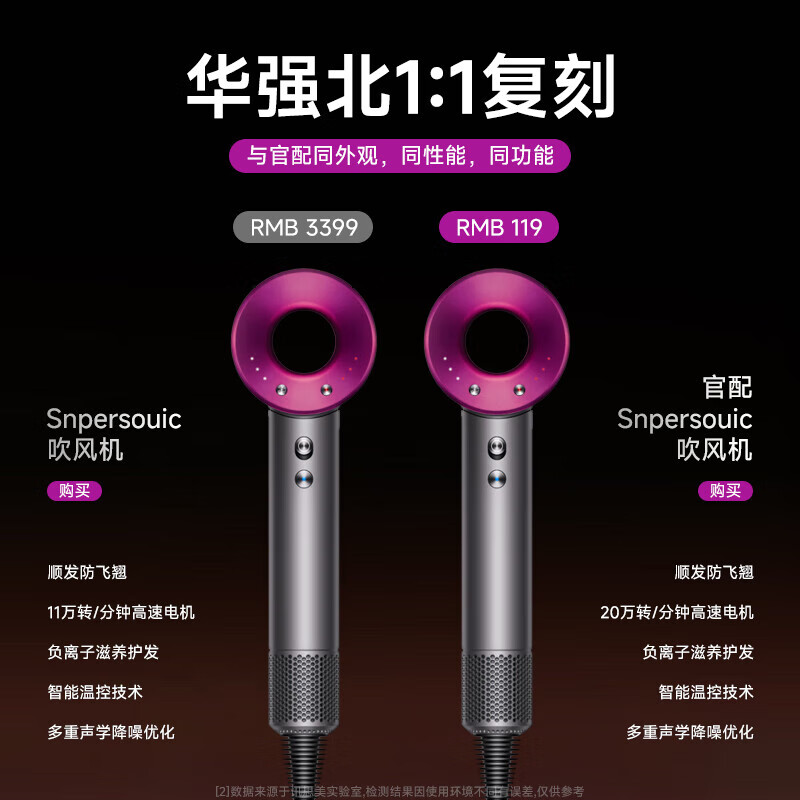 森系高速无叶吹风机【3C认证华强北顶配1:1】新二代家用负离子风筒理发廊酒店大功率静音不伤发 玫红色 单风嘴丨20亿水润负离子恒温护发 原装1