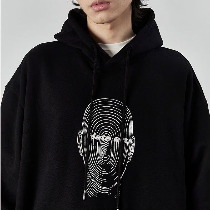 网红痞帅高品质棉连帽士秋冬加绒加厚外套学生宽松 黑色连帽 仇恨艺术