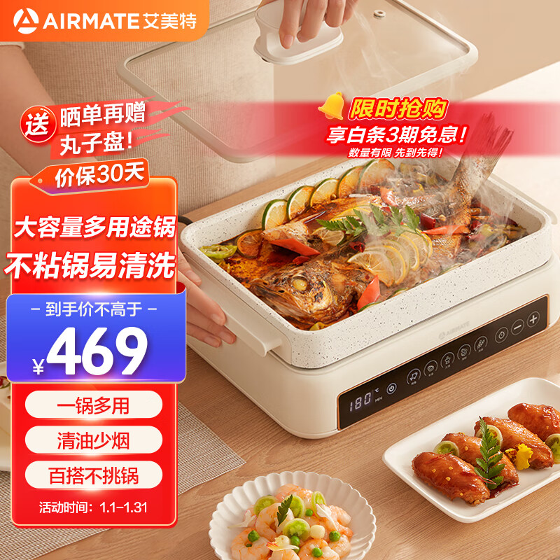 艾美特（AIRMATE）多功能锅多用途料理锅 家用电炒锅电蒸锅电火锅电烧烤炉不粘锅电煮锅一锅多用 EM01