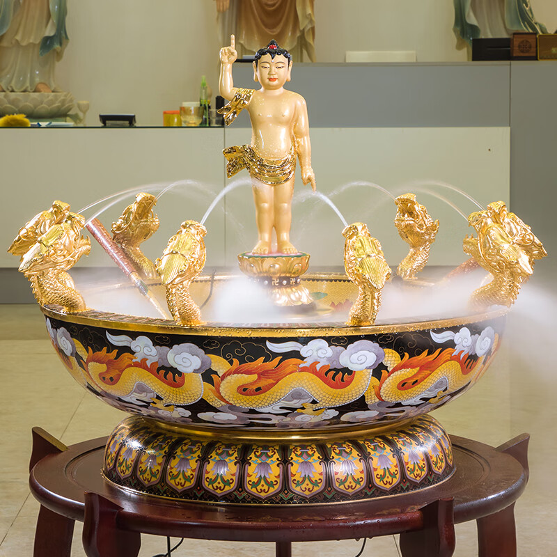 九黎景泰蓝浴佛盆家用纯黄铜贴金彩绘九龙浴佛盆佛诞浴佛节太子佛摆件