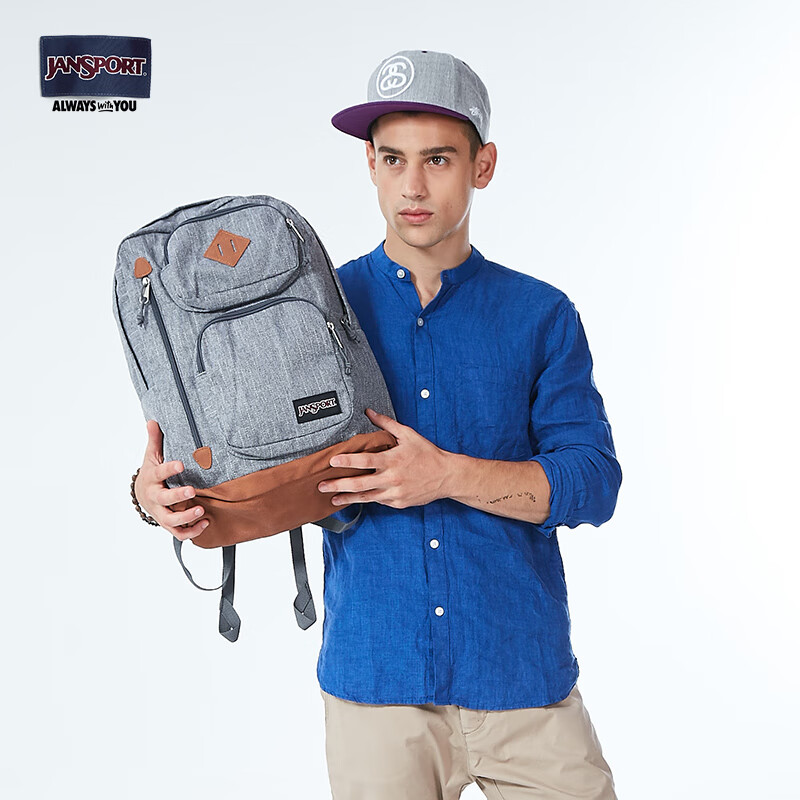 JANSPORT杰斯伯双肩包女学生男包皮革底休闲背包书包  T13Y0LR 条纹灰