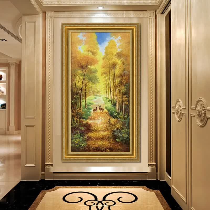 彩象【高端手绘油画】纯手绘欧式林深见鹿油画美式黄金大道风景竖版玄