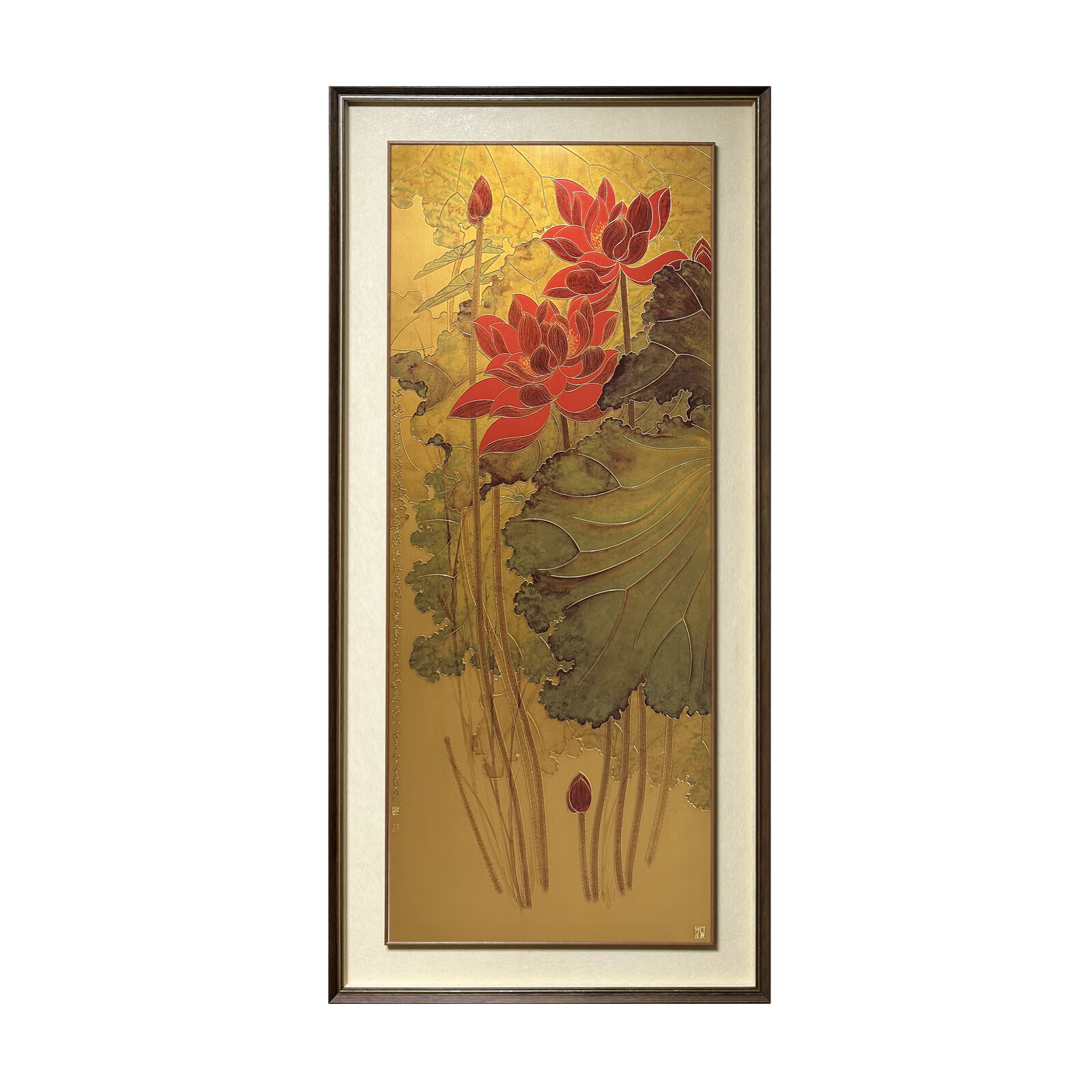 水墨荷花茶室装饰画客厅书房玄关张大千挂画金线荷花铜板画 80*170cm